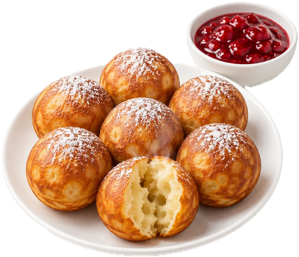 Gyldne æbleskiver med flormelis og syltetøj