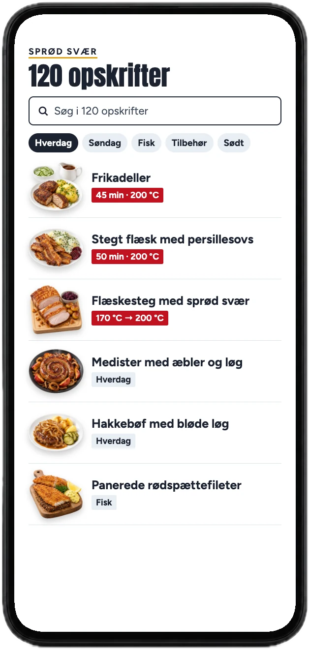 Appen med opskrifterne sorteret i hverdag, søndag, fisk, tilbehør og sødt