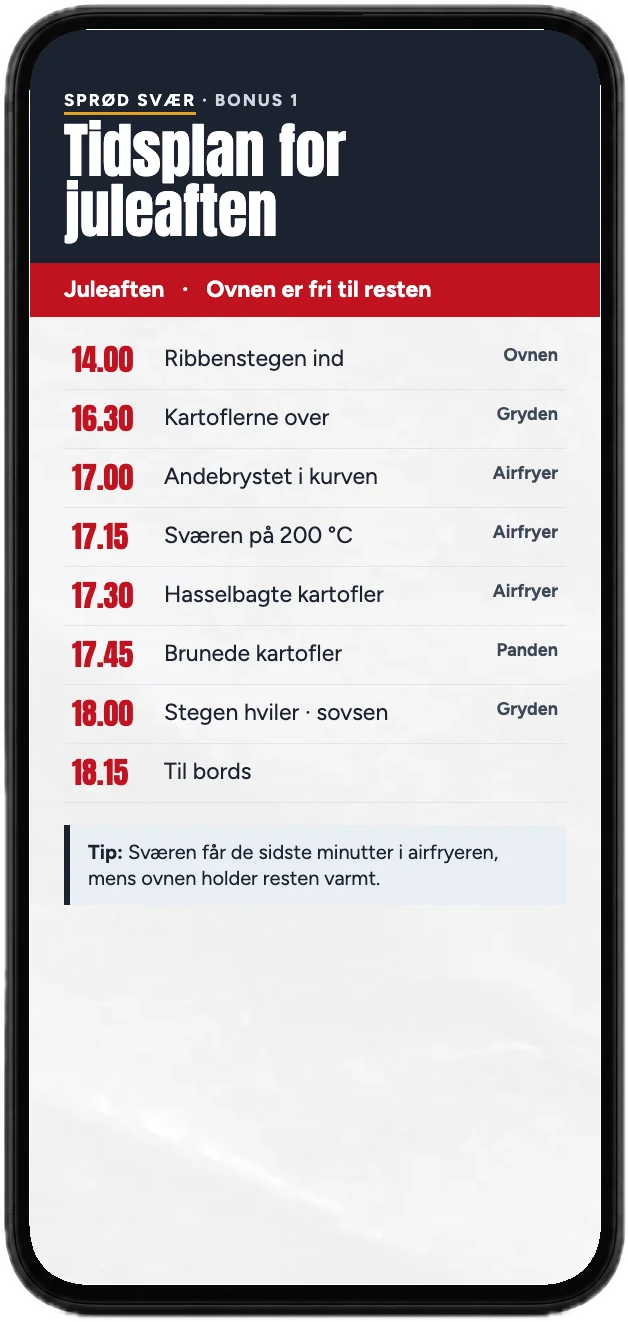 Tidsplan for juleaften fra bonussen, vist på en mobil