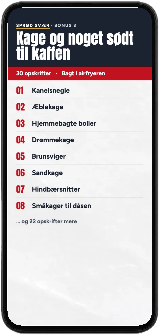 Indholdsfortegnelsen med kager fra bonussen, vist på en mobil