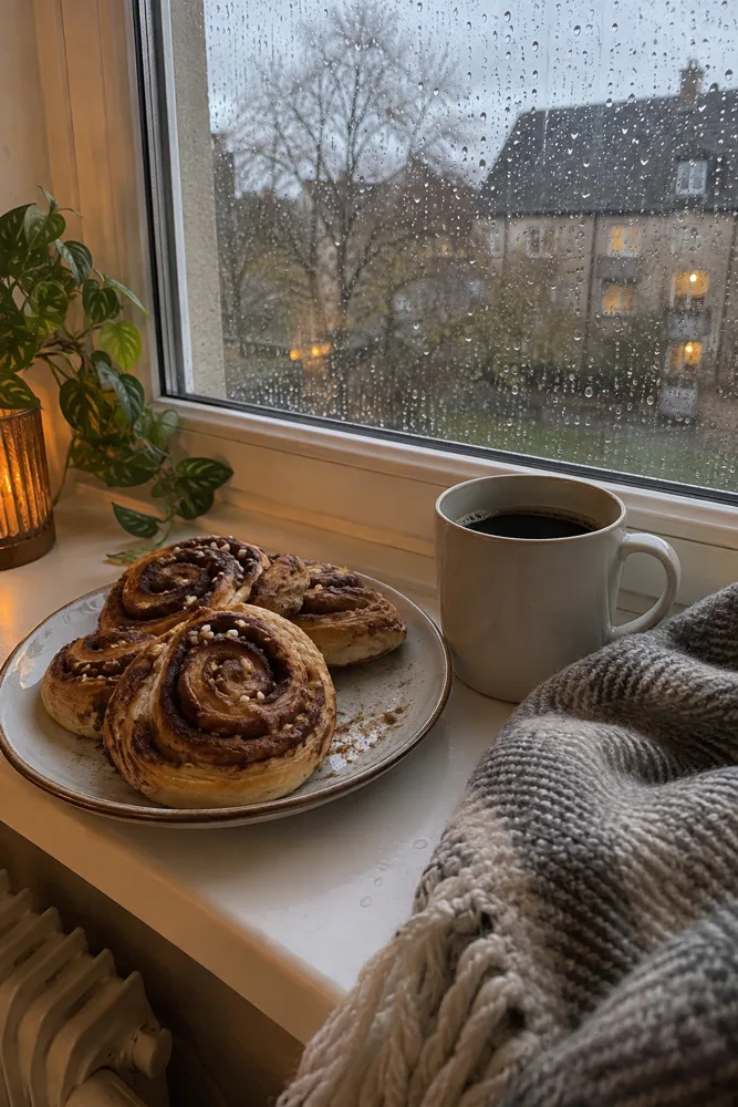 Kanelsnegle og en kop kaffe i vindueskarmen en regnvejrsdag
